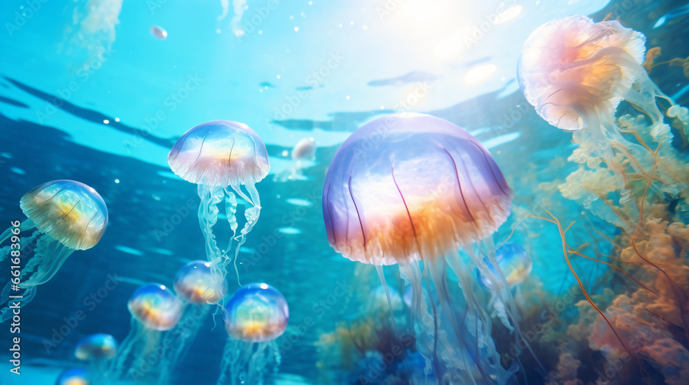 たくさんのカラフルなクラゲが泳いでる様子 海の中の下からのアングル Stock Photo | Adobe Stock