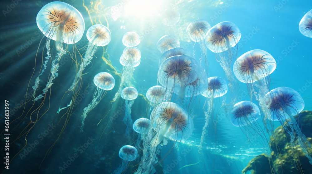 たくさんのクラゲが泳いでる様子 海の中から水面のアングル Stock Photo | Adobe Stock