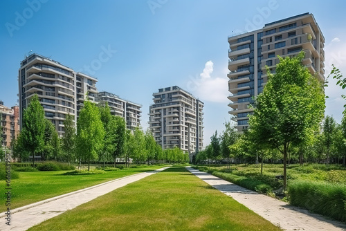 Modern residential buildings in public green areas. Apartment buildings in Europe. Beautiful view of real estate houses. Business district in summer. Hiking area with trees and grass. Generative AI © zaschnaus