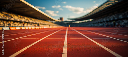 Close-up of a running track in a stadium with white striped markings. Generative AI © zaschnaus