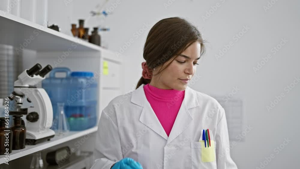 Attractive young hispanic woman scientist intently working with microscopes at her laboratory, fully immersed in exciting medical research while sitting indoors Attractive young hispanic woman scientist intently working with microscopes at her laboratory, fully immersed in exciting medical research while sitting indoors
