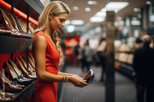 A businesswoman in a shoe store, choosing high-heeled shoes. Generative AI photo