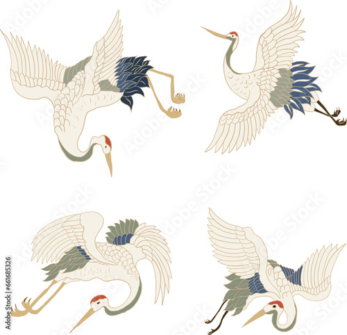Crane and Japanese wave vector illustration for T-shirt.Traditional Chinese wave in circle.Beautiful line art of nature for printing on shirt.Asian art for doodle and painting on background.