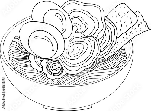 Traditional Japanese ramen and wave for restaurant printing on wallpaper.Ramen vector illustration for doodle art.Sunrise with chopsticks vector for painting on background.