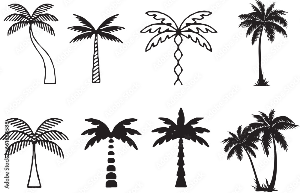 set of different icons set of palm tree or Arecaceae, propical branch, beach, bush, tropical - obrazy, fototapety, plakaty 