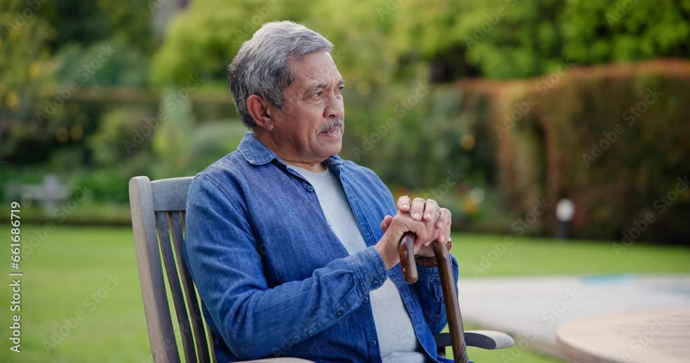 Thinking, backyard and senior man with cane and relax on retirement in a garden lawn for peace or calm. Memory, outdoor and serious elderly person remember reflection, thought and wonder on weekend Thinking, backyard and senior man with cane and relax on retirement in a garden lawn for peace or calm. Memory, outdoor and serious elderly person remember reflection, thought and wonder on weekend