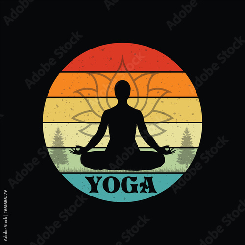 Yoga lotus padmasana position silhouette on the sunrise vintage circle background vector.