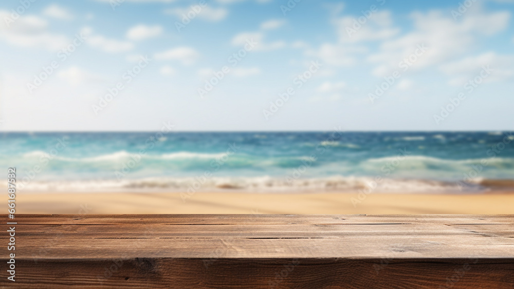 wood table with beach and sky background