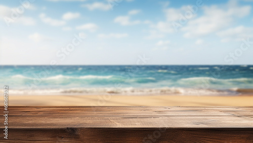 wood table with beach and sky background