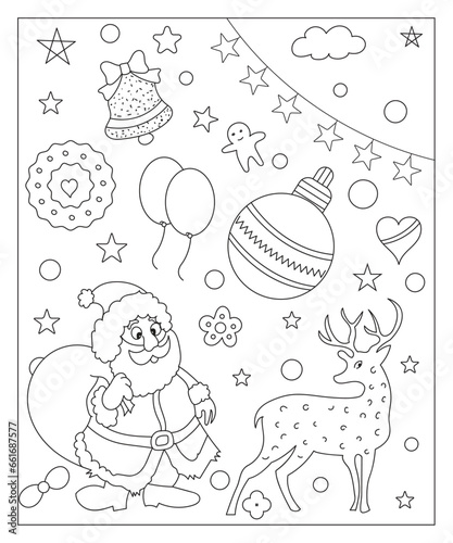 Coloring page of a decorated Christmas tree, shanta claus, ball, bell, snowman and gifts. Vector black and white illustration on white background. photo