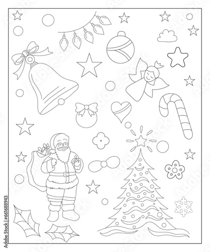 Coloring page of a decorated Christmas tree, shanta claus, ball, bell, snowman and gifts. Vector black and white illustration on white background.