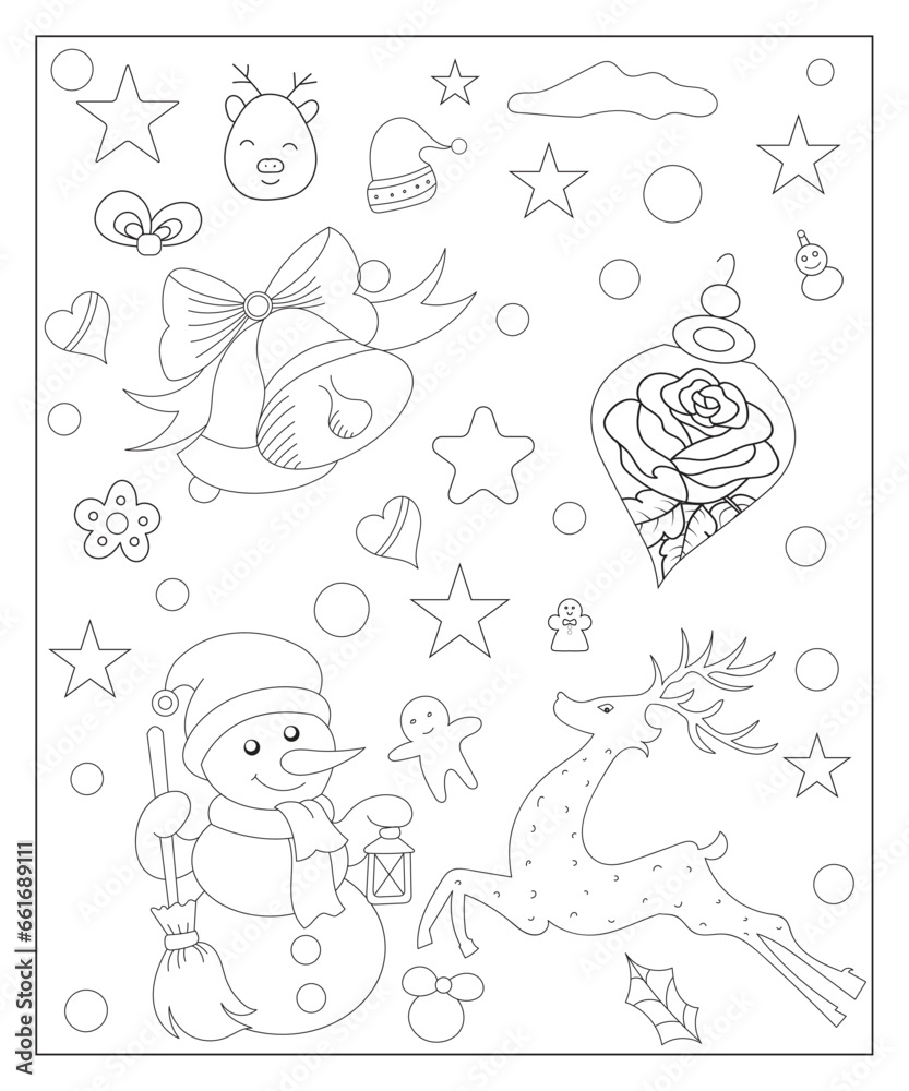 Coloring page of a decorated Christmas tree, shanta claus, ball, bell, snowman and gifts. Vector black and white illustration on white background.