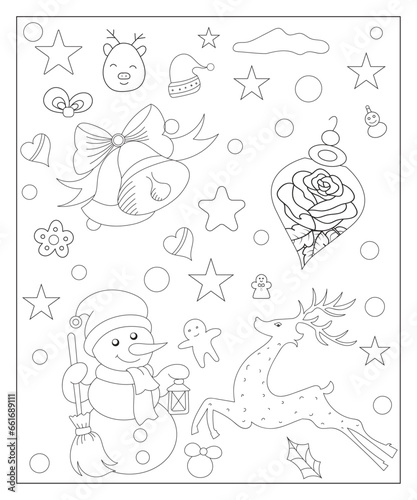 Coloring page of a decorated Christmas tree  shanta claus  ball  bell  snowman and gifts. Vector black and white illustration on white background.
