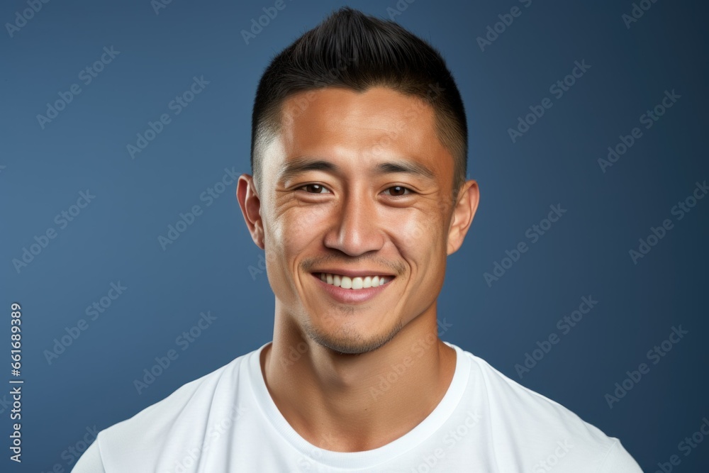 Portrait of a Happy Fictional Handsome Asian Male Model Smiling Candidly. Isolated on a Plain Colored Background. Generative AI. 