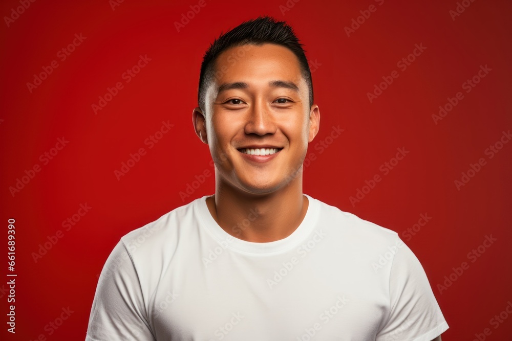 Portrait of a Happy Fictional Cute Asian Man Model Smiling Candidly. Isolated on a Plain Colored Background. Generative AI. 