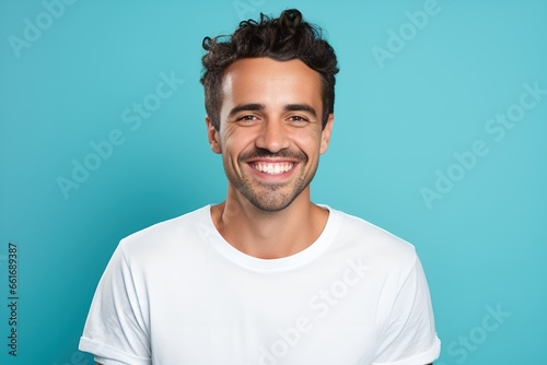 Portrait of a Happy Fictional Beautiful Guy Smiling Candidly. Isolated on a Plain Colored Background. Generative AI. 