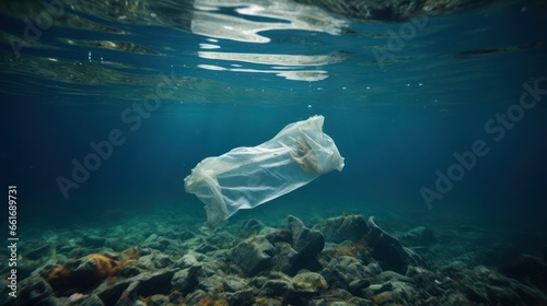 Discarded plastic bottle and bag drifting in the sea, highlighting ocean pollution