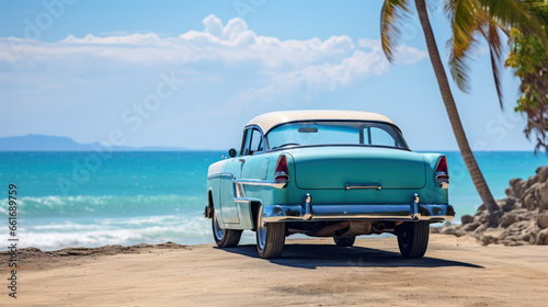 Classic car's rear view, parked by a serene tropical shoreline