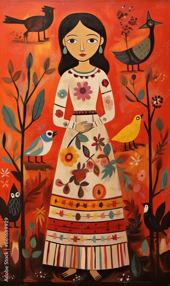 Fototapeta premium Mother Angel Portrait Painted Artwork, Mother Mary, Spiritual Image, Folk Art, Tribal theme, Boho art, New Age, Guardian Angel, bright colours, protection spell, motherhood art