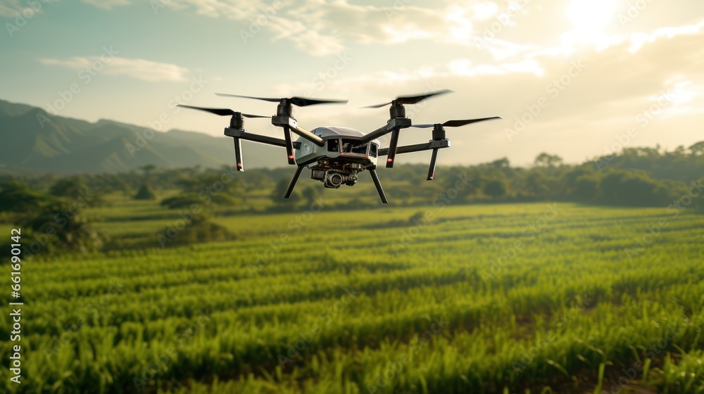Drones soaring over sugarcane fields, a dance of modern agriculture - obrazy, fototapety, plakaty 
