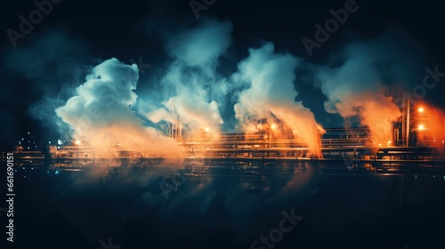 Plumes of smoke billowing from pipes, illuminated in contrasting orange and blue at night
