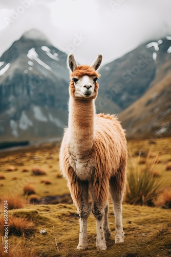 A tranquil brown and white alpaca posing gracefully in the countryside