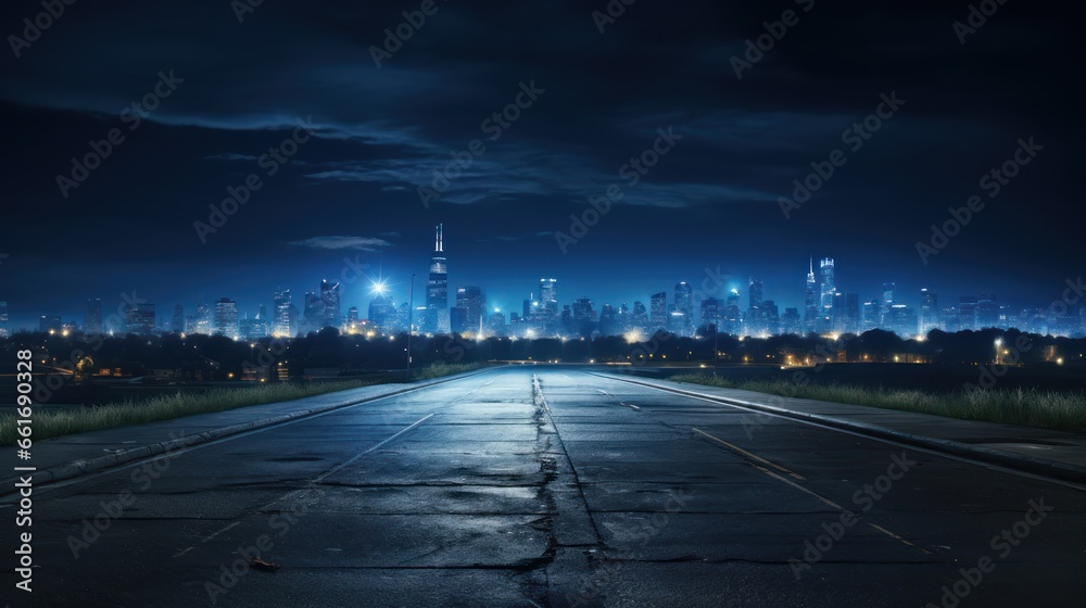 Night-lit asphalt pathway stretching into the urban horizon
