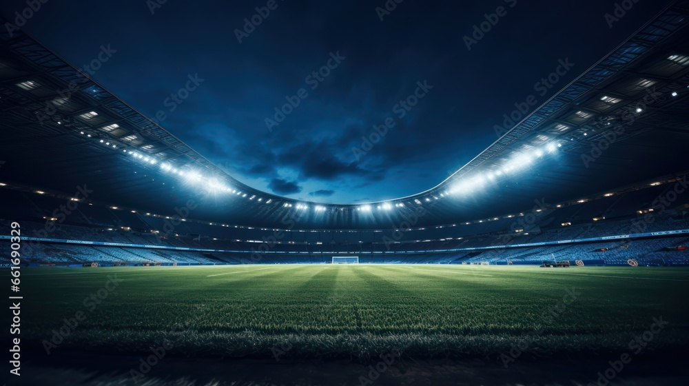 Vast soccer stadium, illuminated and awaiting action under the night sky - obrazy, fototapety, plakaty 
