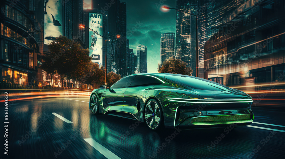 Futuristic cars navigating green avenues, the epitome of wireless innovation Futuristic cars navigating green avenues, the epitome of wireless innovation