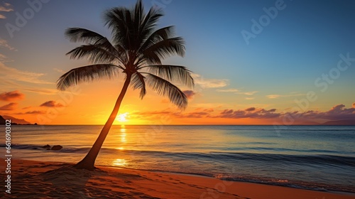 Lone palm silhouetted against a sunrise on a tranquil beach