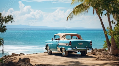 Classic car's rear view, parked by a serene tropical shoreline © Malika