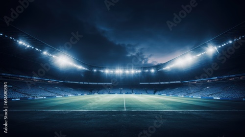 Vast soccer stadium, illuminated and awaiting action under the night sky photo