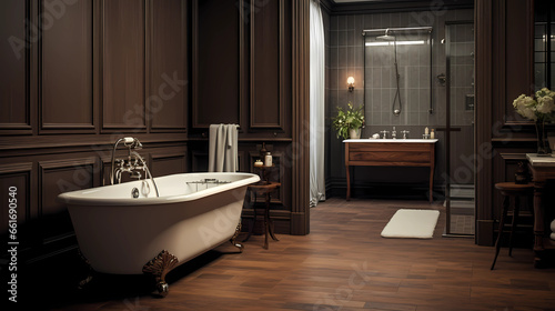 Bathroom with warm wooden floors and walls