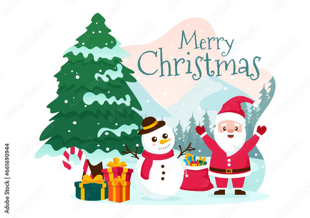 Merry Christmas Vector Illustration with Santa Claus, Bauble Ball, Gift Box, Surprise Gifts, Trees and Snow Background in Flat Cartoon Design