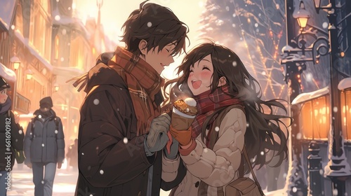 Anime style illustration of a couple on a date in winter