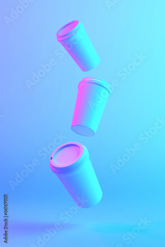 3d illustration of floating cups of coffee with holographic lighting.
