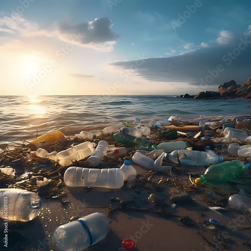  Plastic bottles and rubbish washed up on the beach. Plastic ocean pollution. generated ai