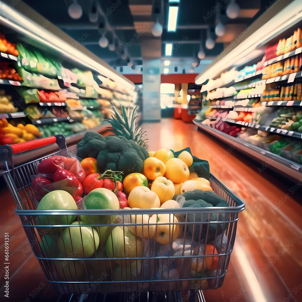 Shopper's point of view, POV, down a brightly lit grocery store aisle, with shopping basket, fresh produce. generated ai