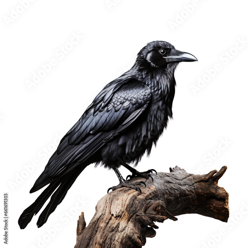 Raven on a branch, on white background