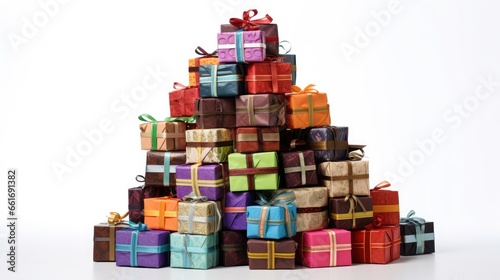 A stack of colorful gifts on a white background