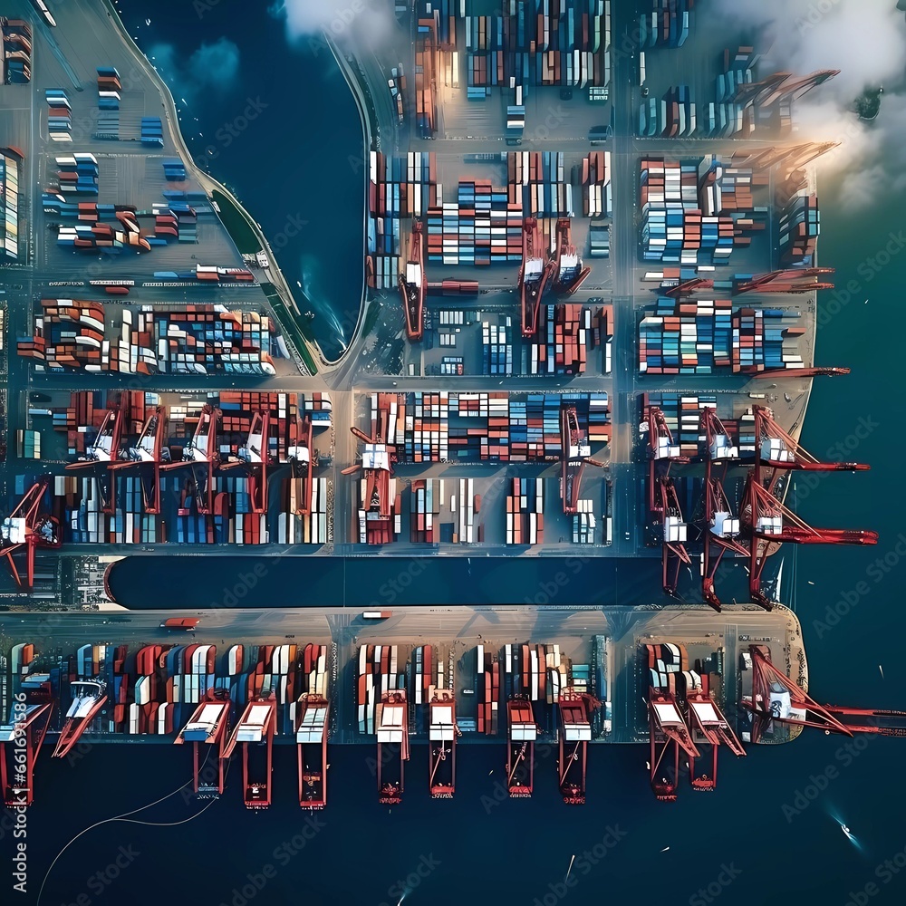  large container terminals and ports busy with international trade, commerce, industry, logistics and transportation, view from above - obrazy, fototapety, plakaty 