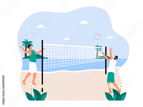 Social activity vector illustration. Boys playing beach volleyball illustration.