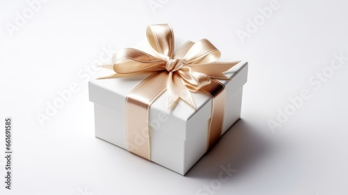 White gift with a gold ribbon on top isolated white background