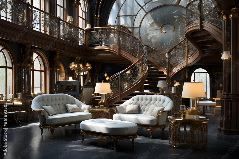  the opulent lobby of a luxury hotel. Crystal chandeliers cast a warm glow on marble floors, generative AI