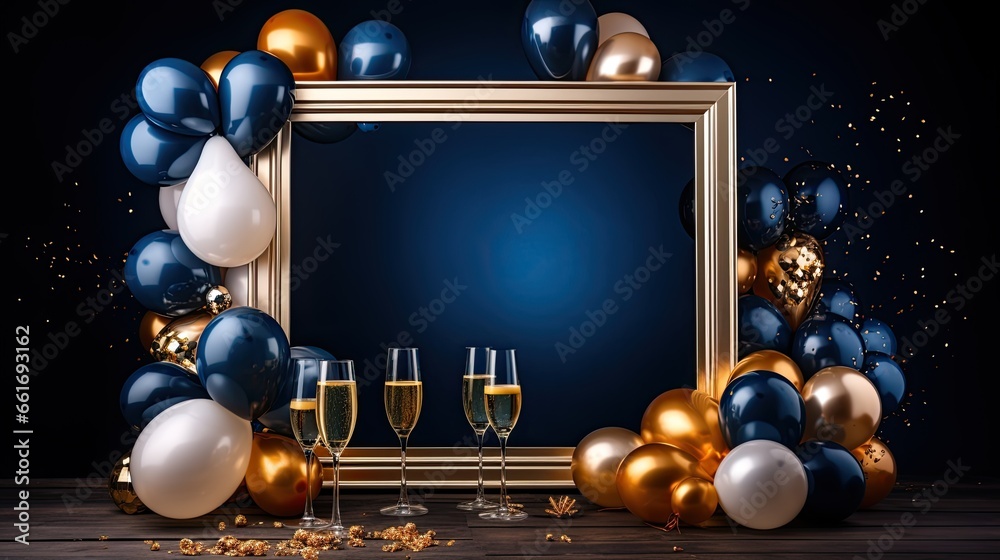 Luxury gold classic frame with champagne on the dark background AI Generative Luxury gold classic frame with champagne on the dark background AI Generative
