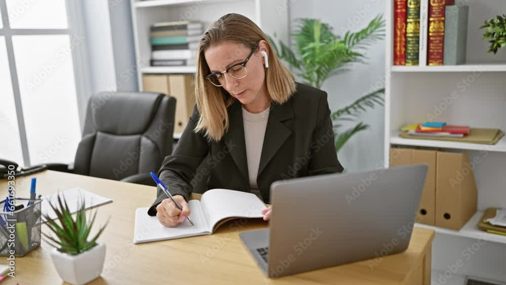 Serious young blonde businesswoman engrossed in an online meeting at the office, diligently taking notes. brilliant executive getting her game on listening to morale boosting music.