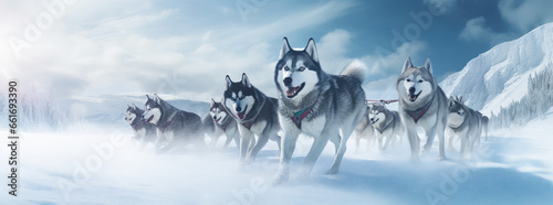 huskies pulling their sled in the winter photo