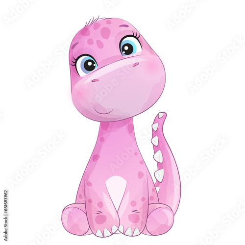 Cute pink dinosaur watercolor illustration © MagicalPlanet
