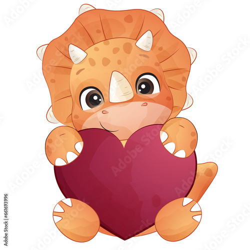 Cute dinosaur with love heart valentine watercolor illustration © MagicalPlanet