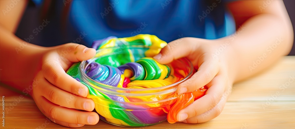 Toddler engaging in sensory play creating a play dough rainbow Enhancing fine motor skills through art activity With copyspace for text - obrazy, fototapety, plakaty 